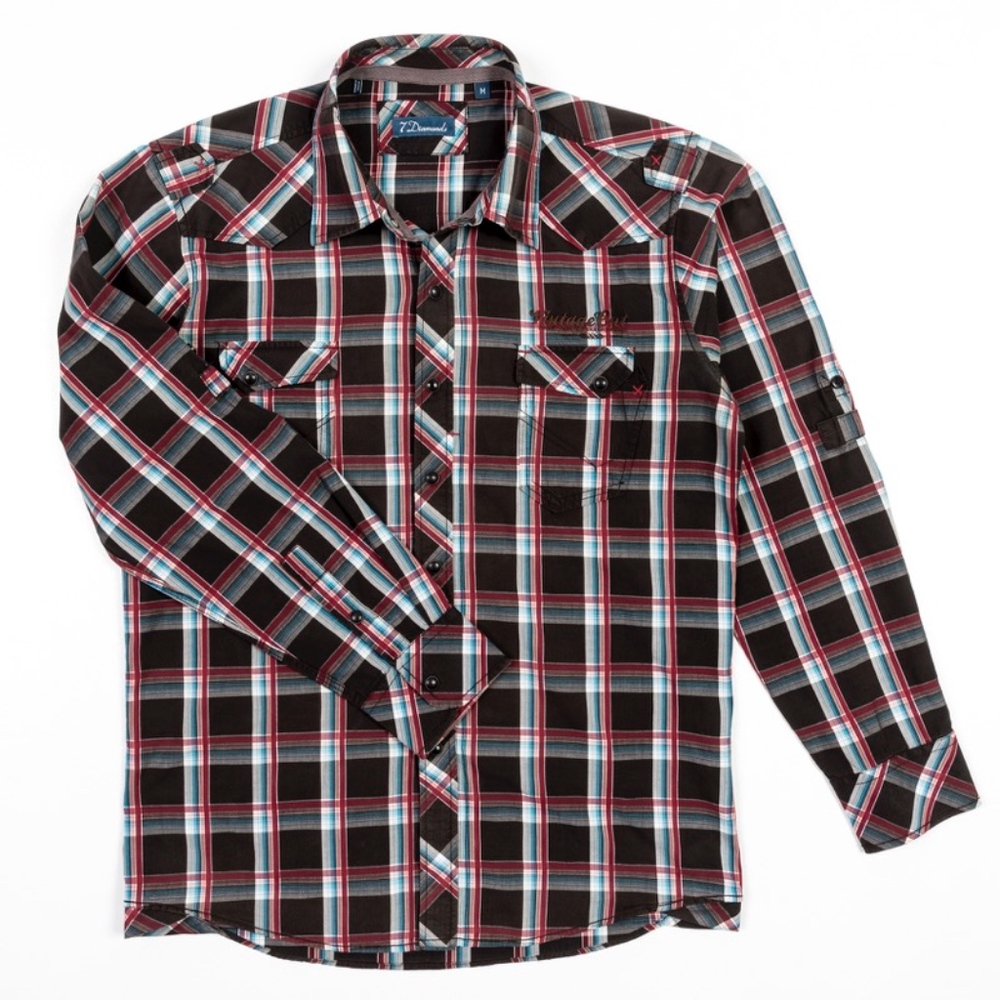 7 Diamonds VTG Cut Western Plaid Shirt Pearl Snap Yoke Mens M southwest cowboy